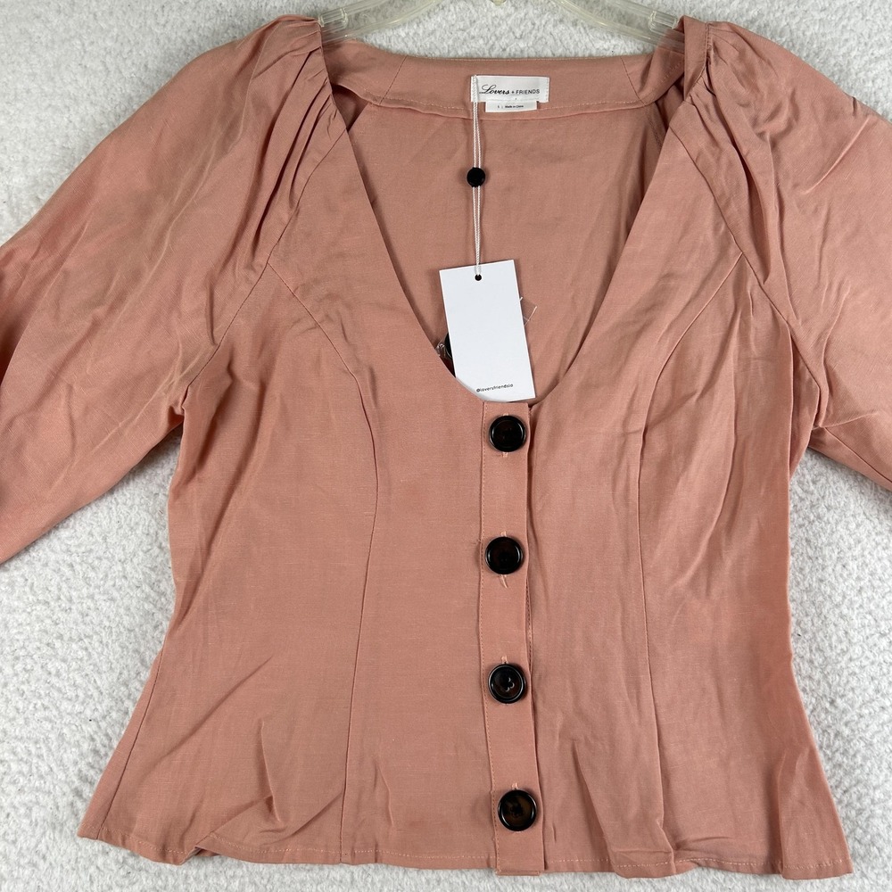 Lovers + Friends Shirt Womens‎ Small Pink Button Front Puff Sleeve Linen Blend - Picture 2 of 12